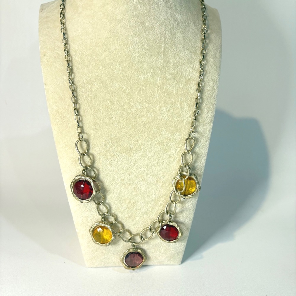 Gold Tone Multi Color Jewel Charm Statement Necklace Red Yellow Purple Vintage